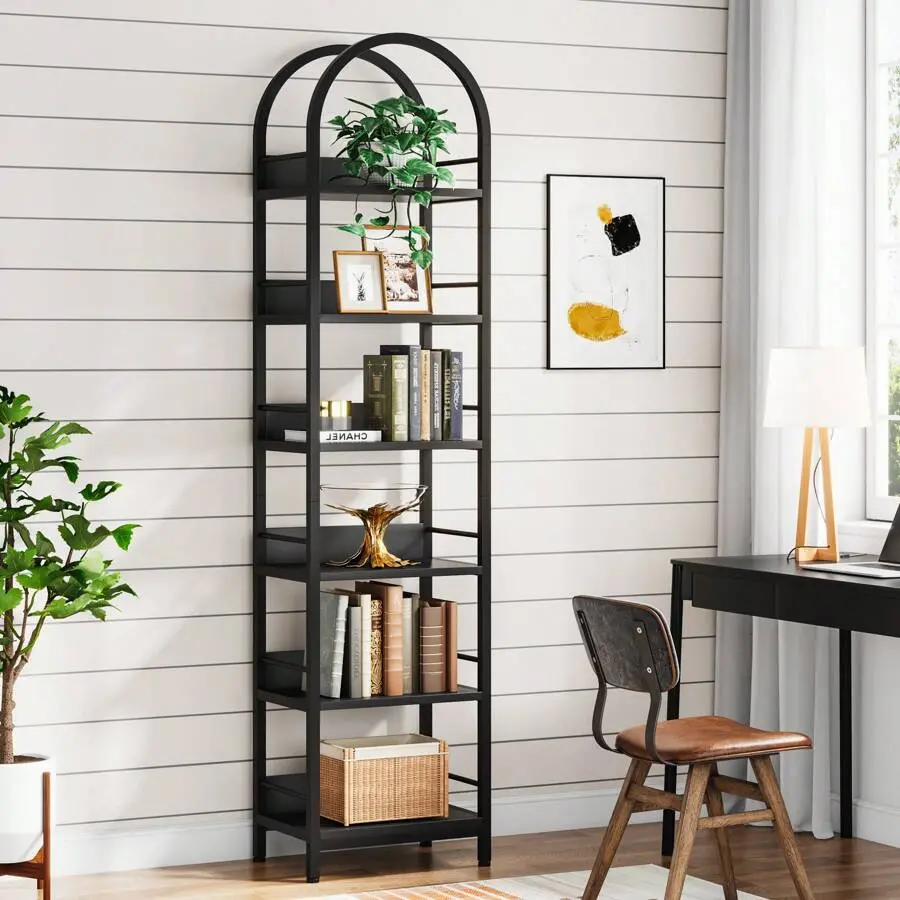 6-Tier Durable Open Bookshelf, 78.7" Tall Arched Narrow Bookcase with Metal Frame, 11.8" Depth 17.3" Width Freestanding Corner Display Shelves with Assembly Guide for Living Room, Home Office, Contemporary, 2Pcs