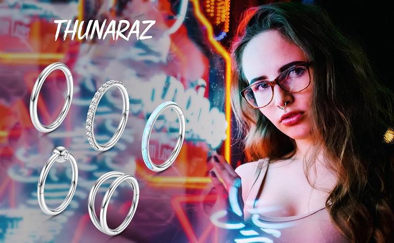 THUNARAZ 5 Pcs Shining Seamless Body Piercing Nose Rings Hoop 8mm 10mm for Women Men CZ Opal Septum Hinged Clicker Segment Lip Rings Helix Cartilage Hoop Earring 18G 16G Surgical Steel Rings for Birthday Summer Beach Ocean Vocation Parties Christmas Gift