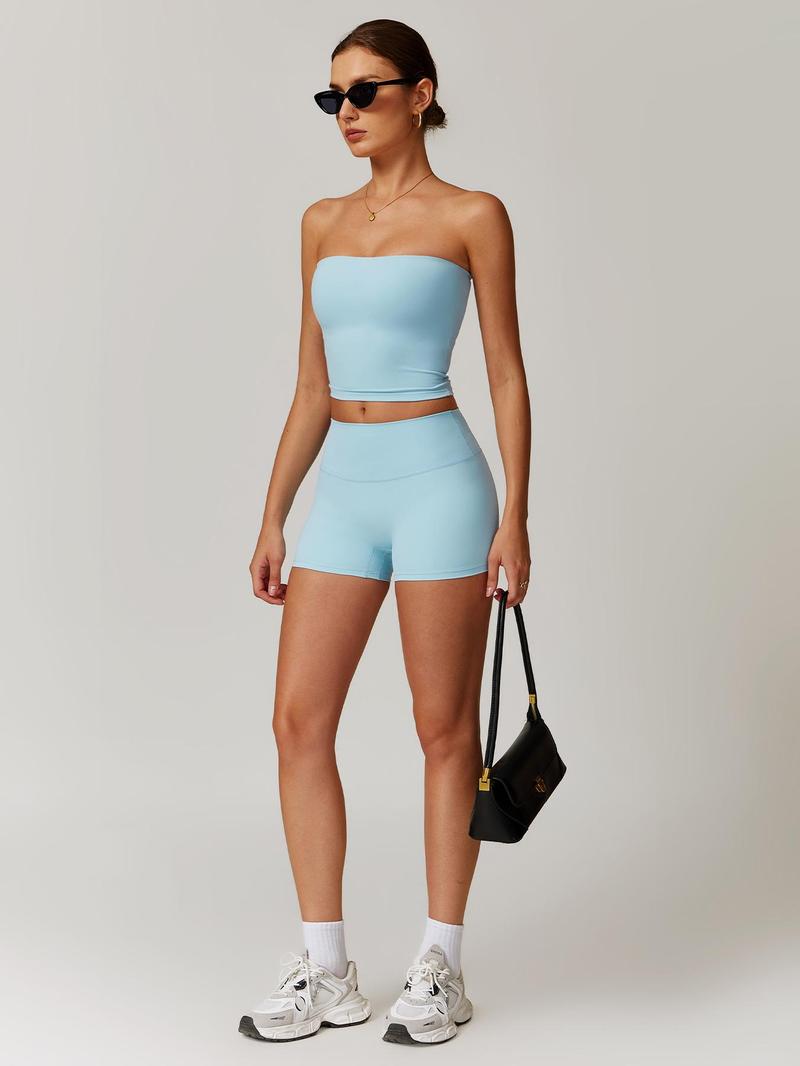 Women's Solid Color Crop Tube Top & Shorts Sportswear Set - Casual Comfy Breathable Two-piece Outfits for Yoga Gym Workout Running Ladies Sportswear for All Seasons Athletic