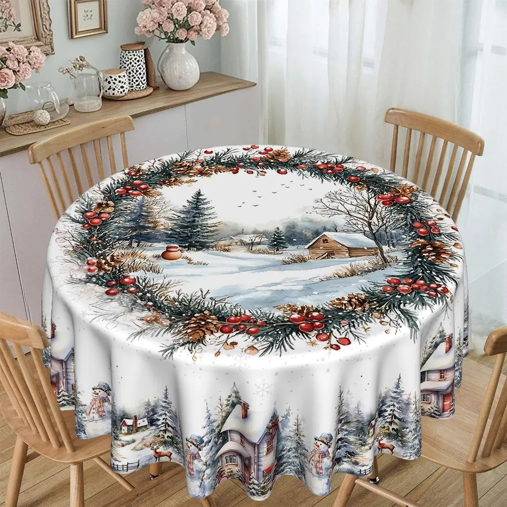 2D Flat Christmas Watercolor Snow House Garland Print Round Tablecloth, Polyester Material, Party Decor, Hotel Restaurant Home Use