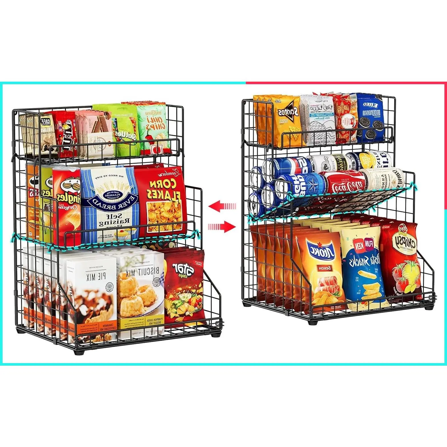 3-Tier Adjustable Tilting Snack Organizer Rack, Metal Wire Storage Bins for Pantry, Kitchen, Bathroom Cabinets and Countertops