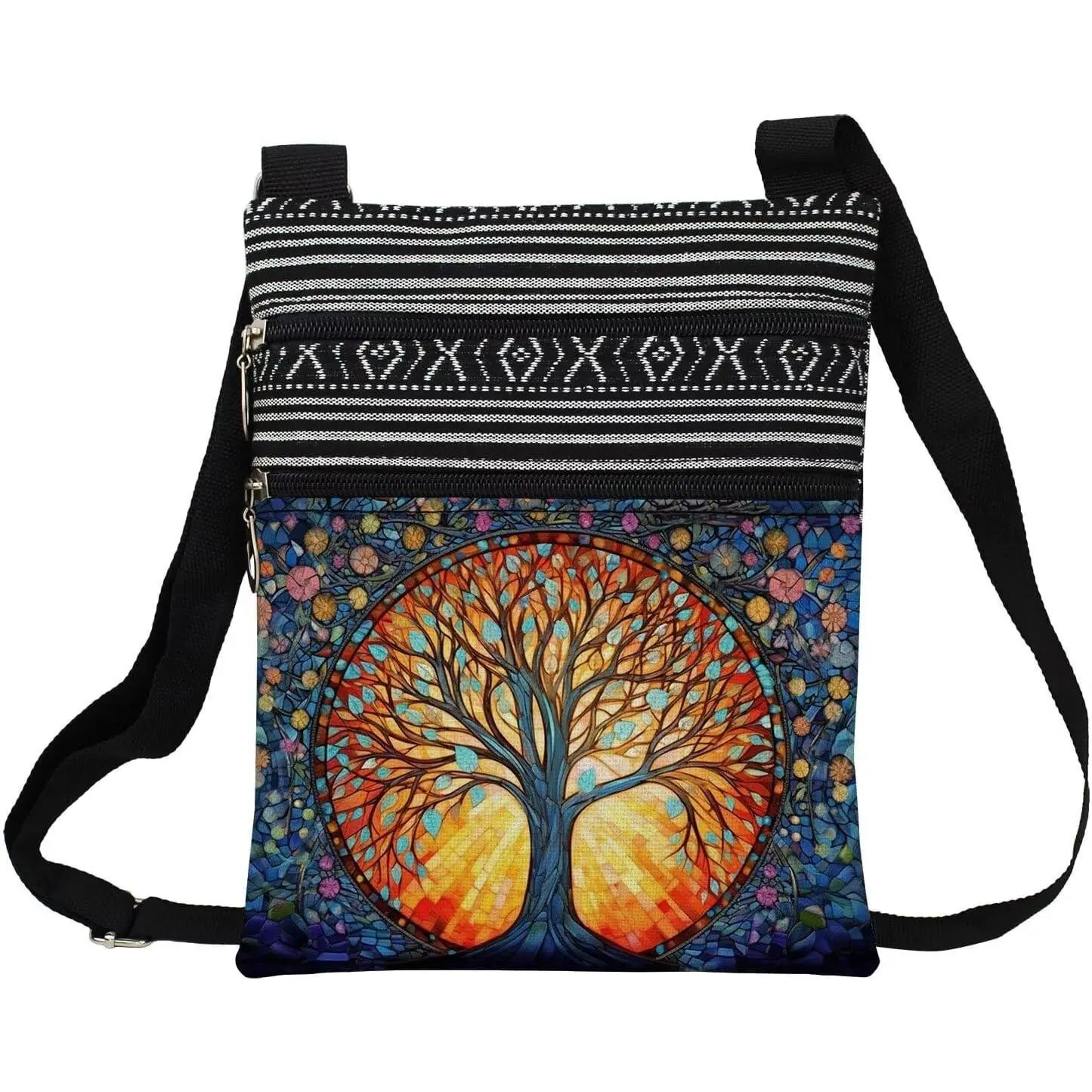 Stained Glass  Crossbody Handbag with Zipper Butterfly World Tree  Aesthetic Present for Woman