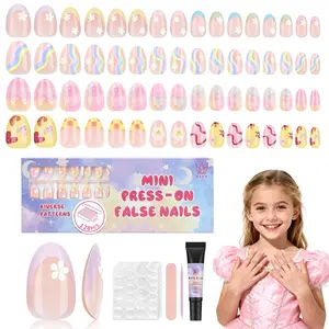 4 Pack 128Pcs 16 Sizes Kids Press on Nails, Colorful Flower Almond Fake Nail Tips for 8-12 Years Old Girls, with Jelly Nail Adhesives & Nail Glue, Ideal Birthday Easter Gifts for Girls