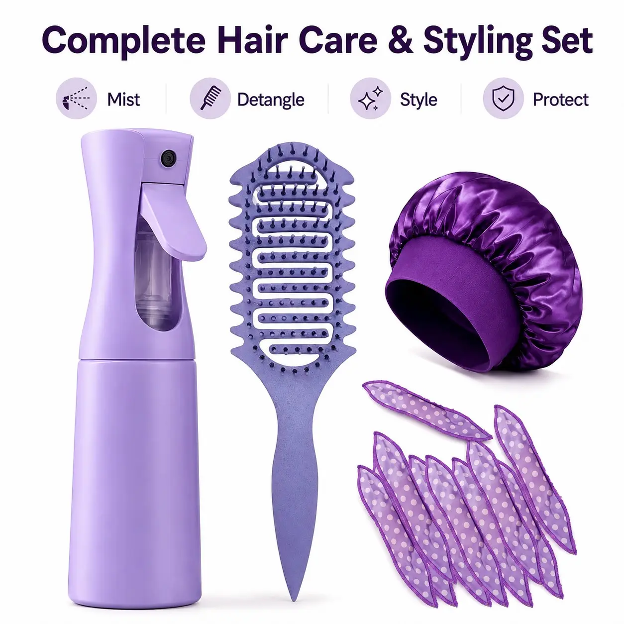 This women's no-heat curling styling kit includes a spray bottle, comb, hair cap, and 20/30/40 curling irons. It can be used for overnight curls, refreshing hair styling, and everyday styling.