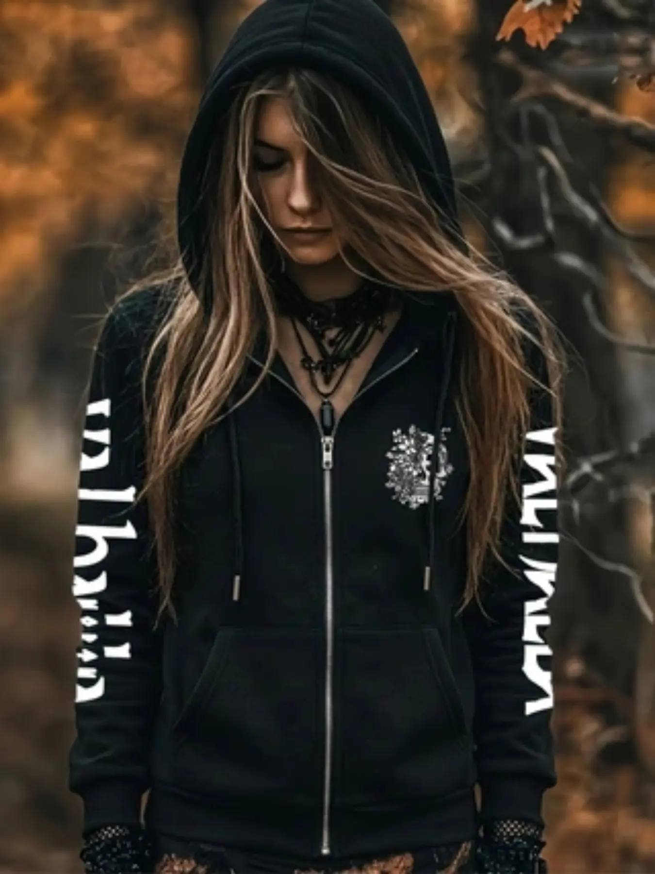 Women's Casual Zipper Sweatshirt Jacket, Vintage Tribal Viking Totem Print, Gothic Halloween Party, Perfect for Witch Costume