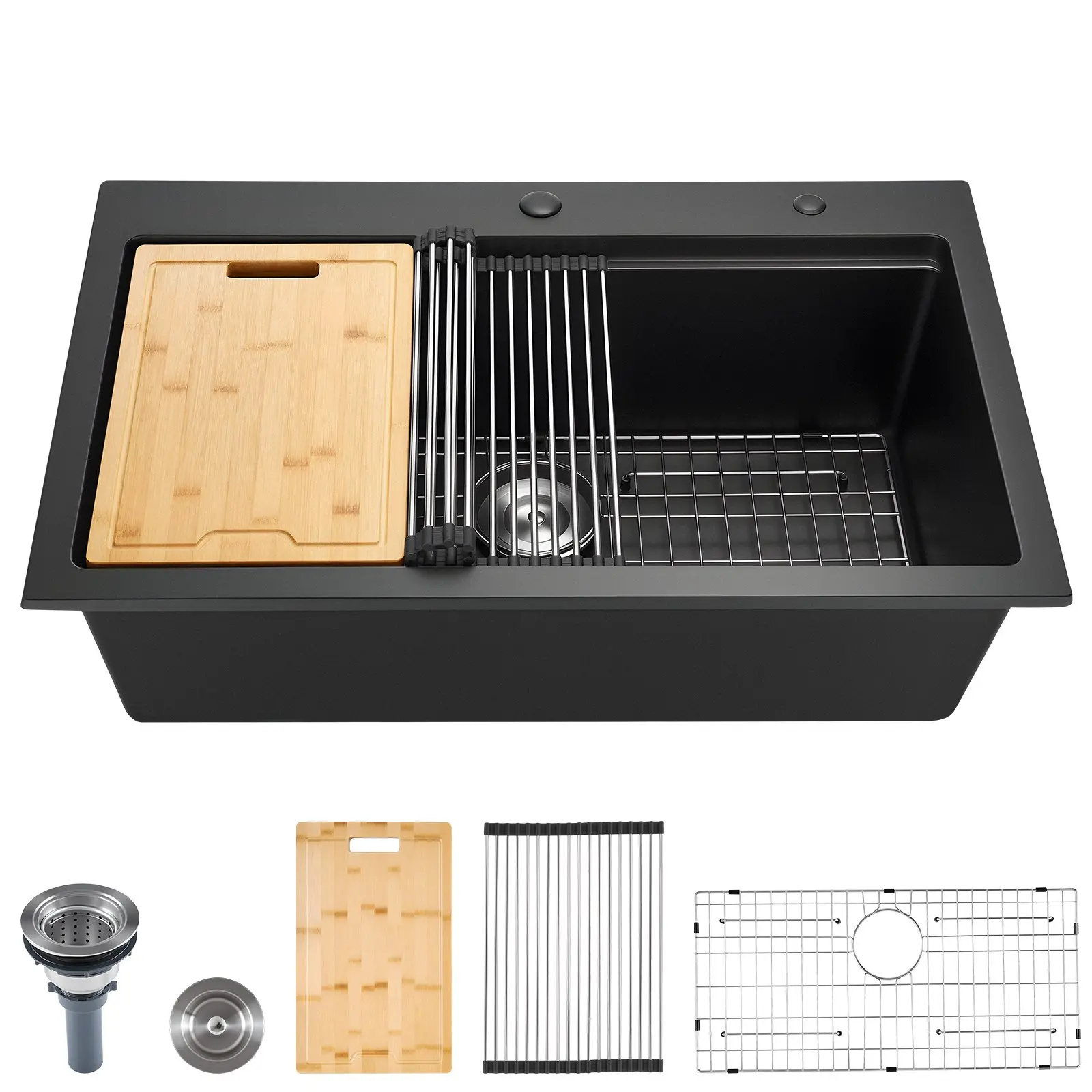 33 inch Kitchen Sink Workstation, Top Mount Granite Sinks, Drop-In Single Bowl Farmhouse Basin with Multiple Accessories, Household Dishwasher Sink for RV, Prep Kitchen, and Bar (Black)