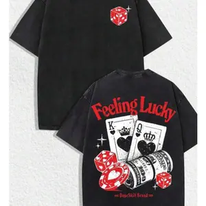 Retro Lucky Casino Graphic Tee with Front Mini Red Dice Print and Back Bold Feeling Lucky Letter Print, Artistic King Queen Poker Artwork for Men Women Daily Streetwear