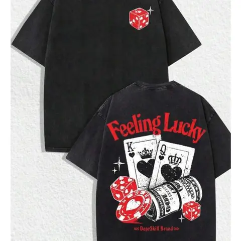 Retro Lucky Casino Graphic Tee with Front Mini Red Dice Print and Back Bold Feeling Lucky Letter Print, Artistic King Queen Poker Artwork for Men Women Daily Streetwear