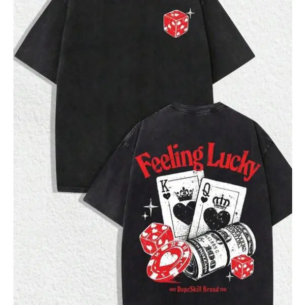 Retro Lucky Casino Graphic Tee with Front Mini Red Dice Print and Back Bold Feeling Lucky Letter Print, Artistic King Queen Poker Artwork for Men Women Daily Streetwear