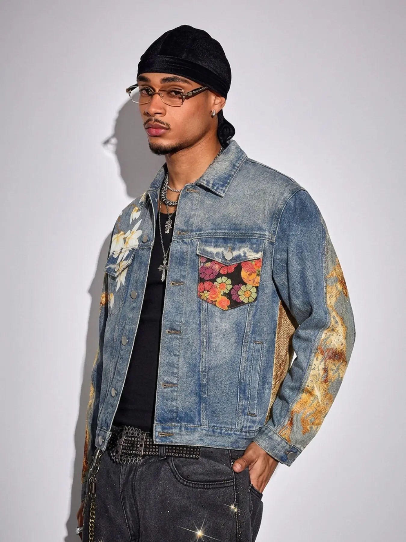 Men's Vintage Floral Patchwork Denim Jacket, Gradient All-Over Print, Long Sleeve, Loose-Fit, Spring & Fall Casual Outerwear