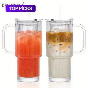 glass tumbler with handle & lid, 1/2 counts large capacity iced coffee cup with straw, modern glass mug for cold & hot beverages, aesthetic travel cup, drinkware