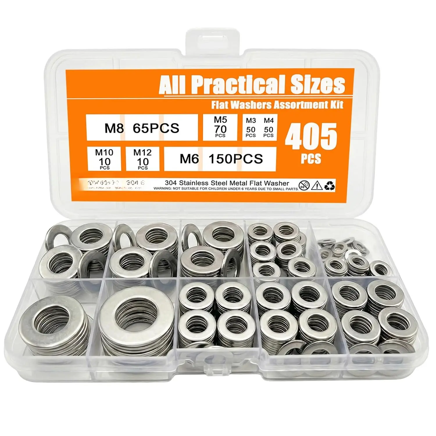 Flat Washers  Kit, Metal Washers,  Practical M6 & M8 Sizes |  405 count Metric 304 Stainless Steel  Set (M3-M12), Small Washers for Screws, ,  DIY & Repairs