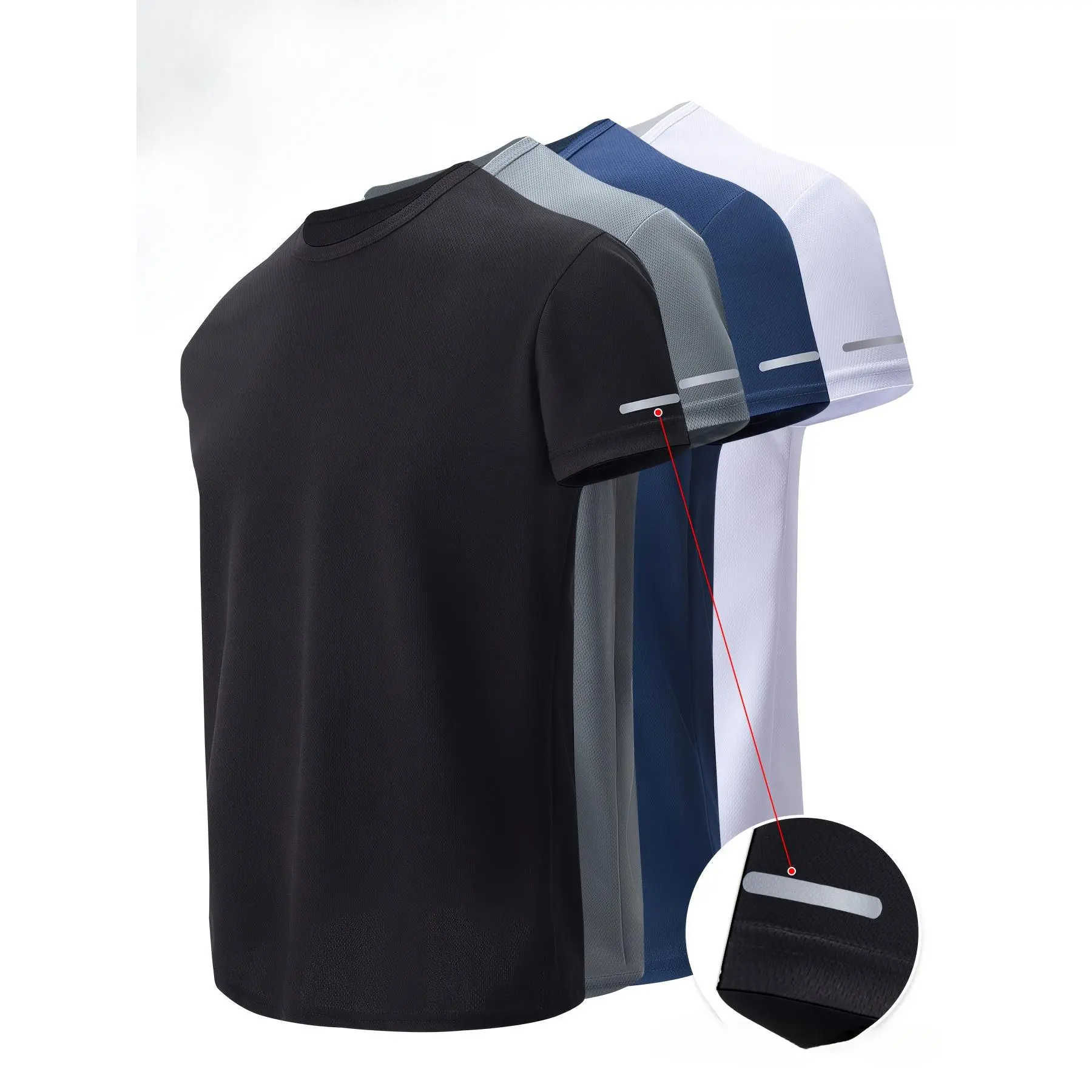 4-Pack Men's Quick-Dry Breathable Fabric Fitness Sports Short Sleeve T-Shirts, Outdoor Running T-Shirts with Reflective Strips for Night Sports, Quick-Dry Breathable Night Running T-Shirts