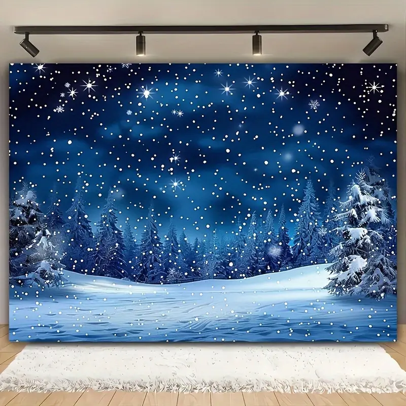 Dark Blue Winter Snowy Forest Backdrop Tapestry - Pine Trees, Snowfield, Falling Snow Design, Festive Holidays Decor Wall Hanging for Christmas Party Photography (Home & Party Supplies)
