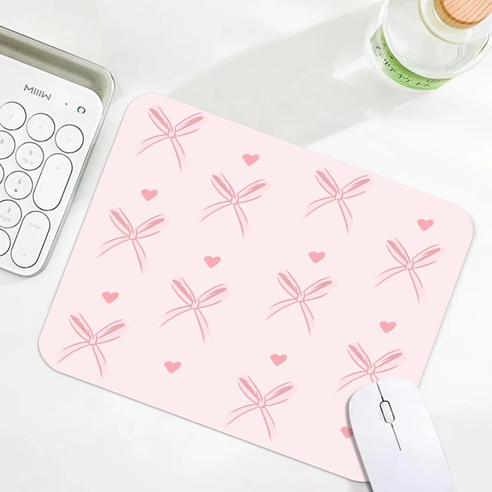 Pink Mouse Pad with a Bow Design, Featuring Square Love Hearts, Suitable for Wireless Mice. Perfect for Office Computers And Laptops