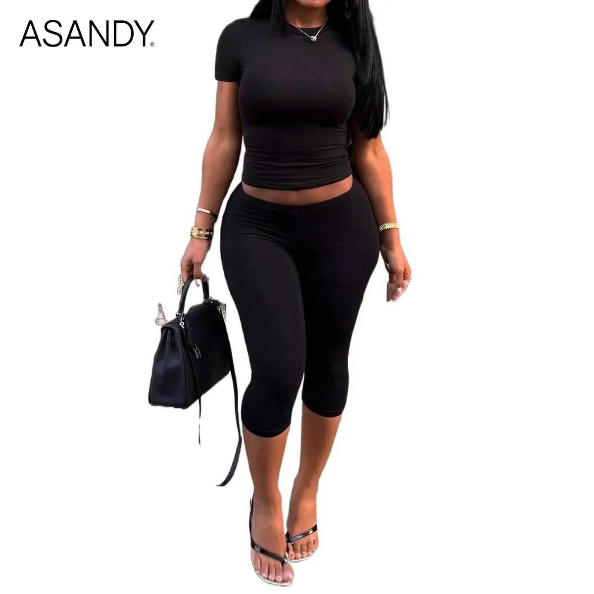 ASANDY Women's Casual 2 Piece Outfit Set, Short Sleeve Crop Top & High Waist Capri Leggings, Slim Fit 4-Way Stretch for Workout & Loungewear, 2 Piece Sets