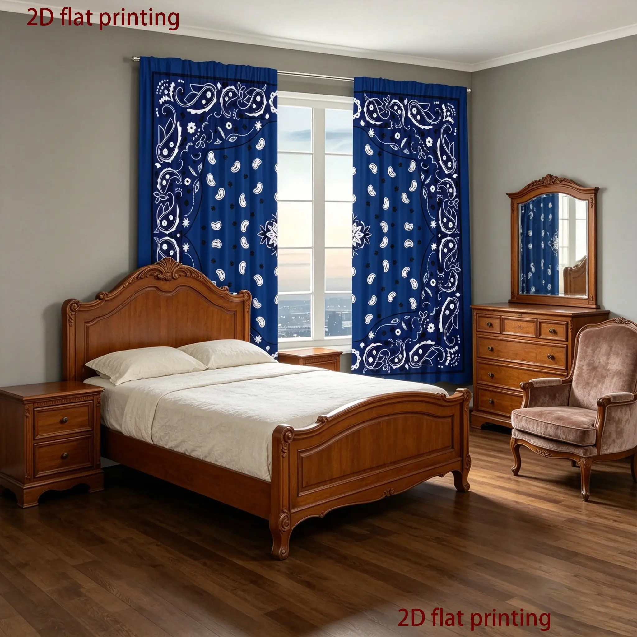 2 elegant blue floral printed curtains, Window Curtain, semi transparent art design, Semi Sheer Curtain, made of polyester material, blending flowers and leaves, suitable for decorating living rooms or bedrooms