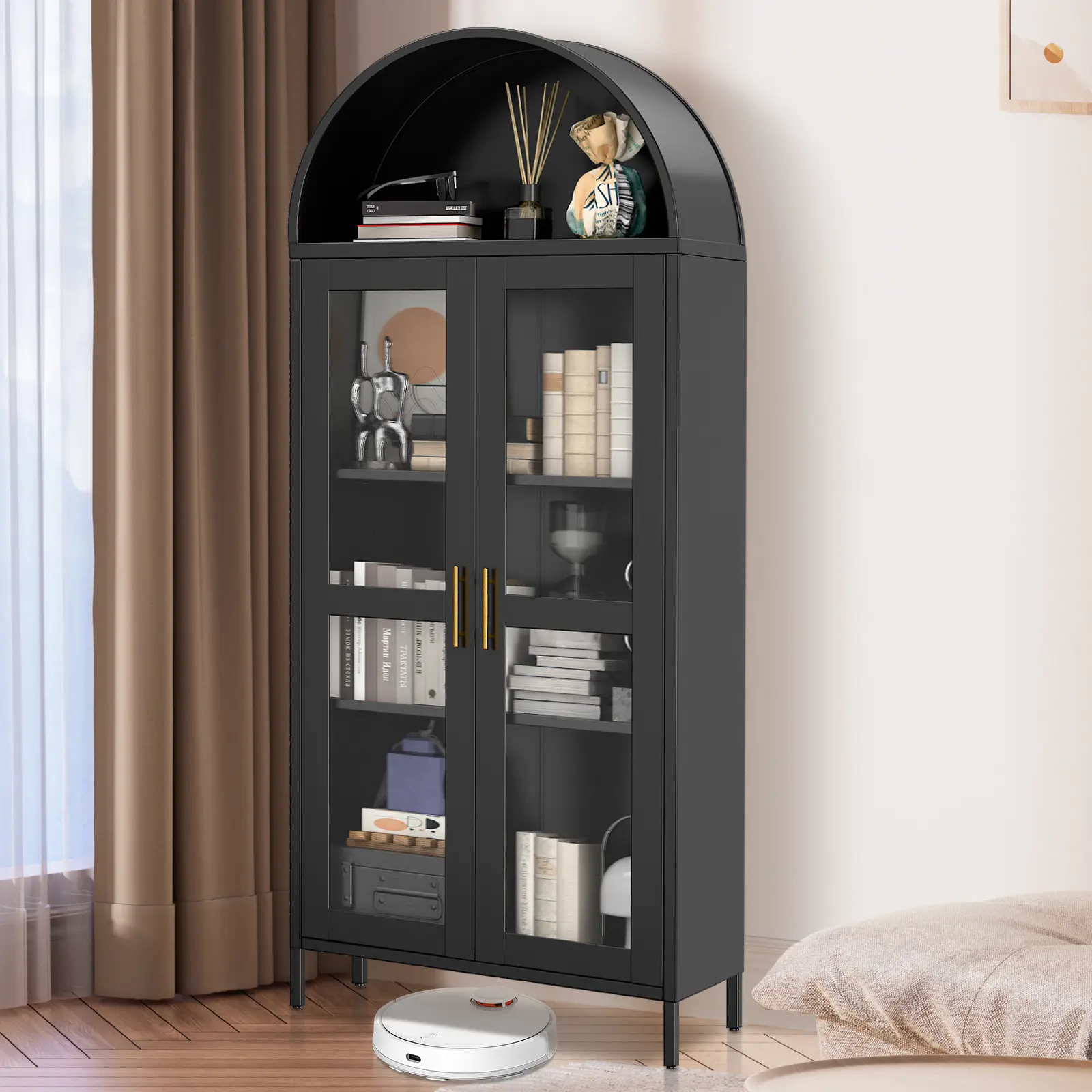 Modern Farmhouse Arched Metal Storage Cabinet with Glass Doors – 73 Inch Tall Entryway Pantry – 2 Adjustable Shelves – Durable Black Finish – Freestanding Multi-Purpose Furniture