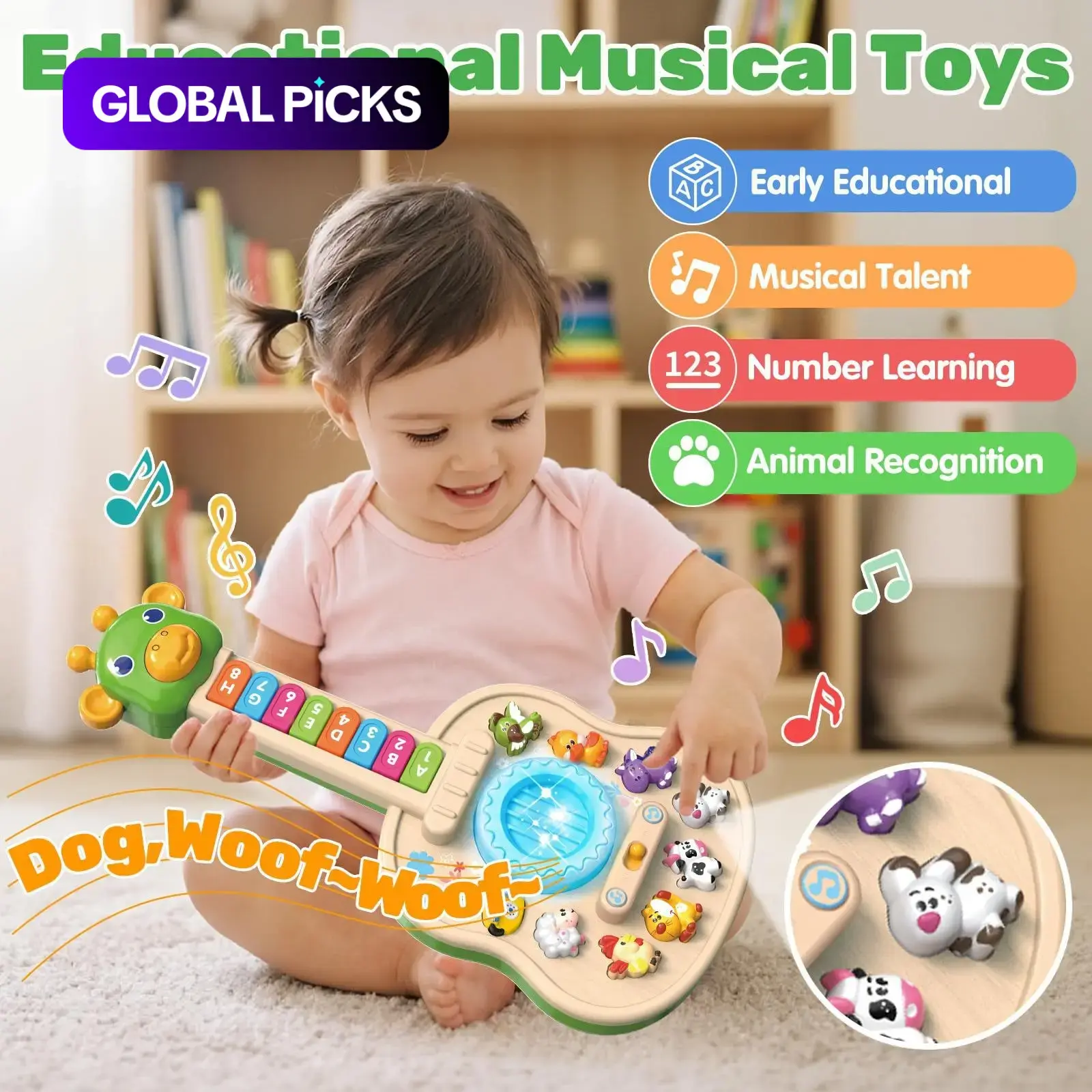 Giraffe Music Toddler Guitar Toy, Cute, Abc Learning, Light Sound, Interactive Play Musical Instrument for Kids 3+, Animal Sounds Melody, Holiday Gift