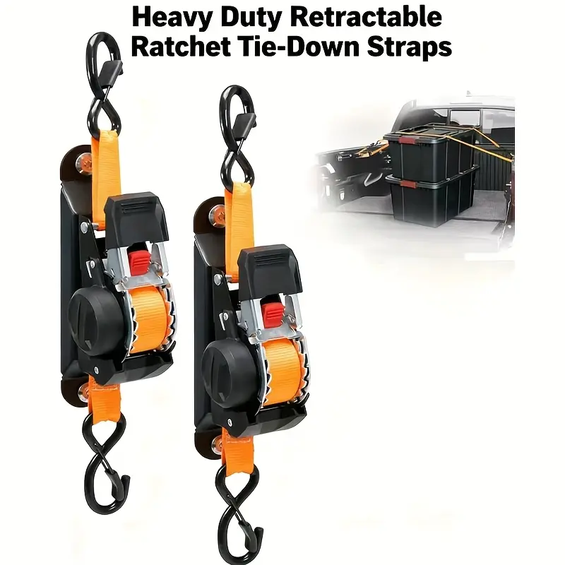 Heavy Duty Retractable Ratchet Tie Down Strap, 1inch X 7ft, with Safety Lock S Hook, Suitable for Motorcycles, ATVs, Utility Off-Road Vehicles, Lawn Equipment, Cargo, Compatible with Toyota Tacoma and Tra Cargo Box Rail Systems