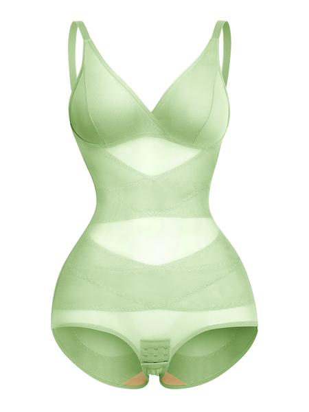Women's Sheer Mesh Bodysuit High Elastic Breathable Fabric V Neck Full Body Shaping Underwear, Casual All Season Wear, Shapewear