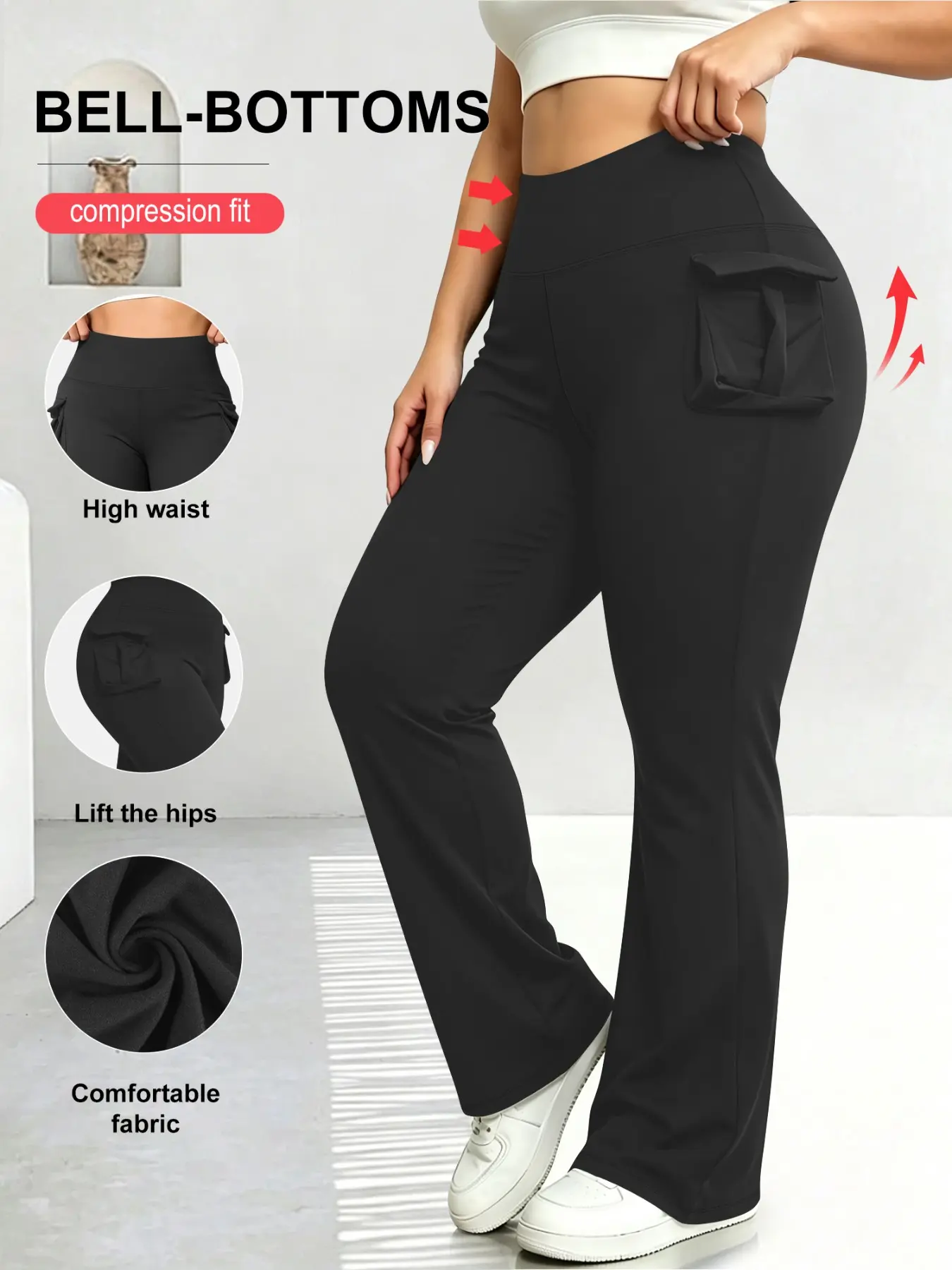 Plus Size High Waist Workwear Pocket Flare Pants, Tummy Control Butt Lift Yoga Pants, Side Pocket Sporty Flare Long Pants, High Elasticity