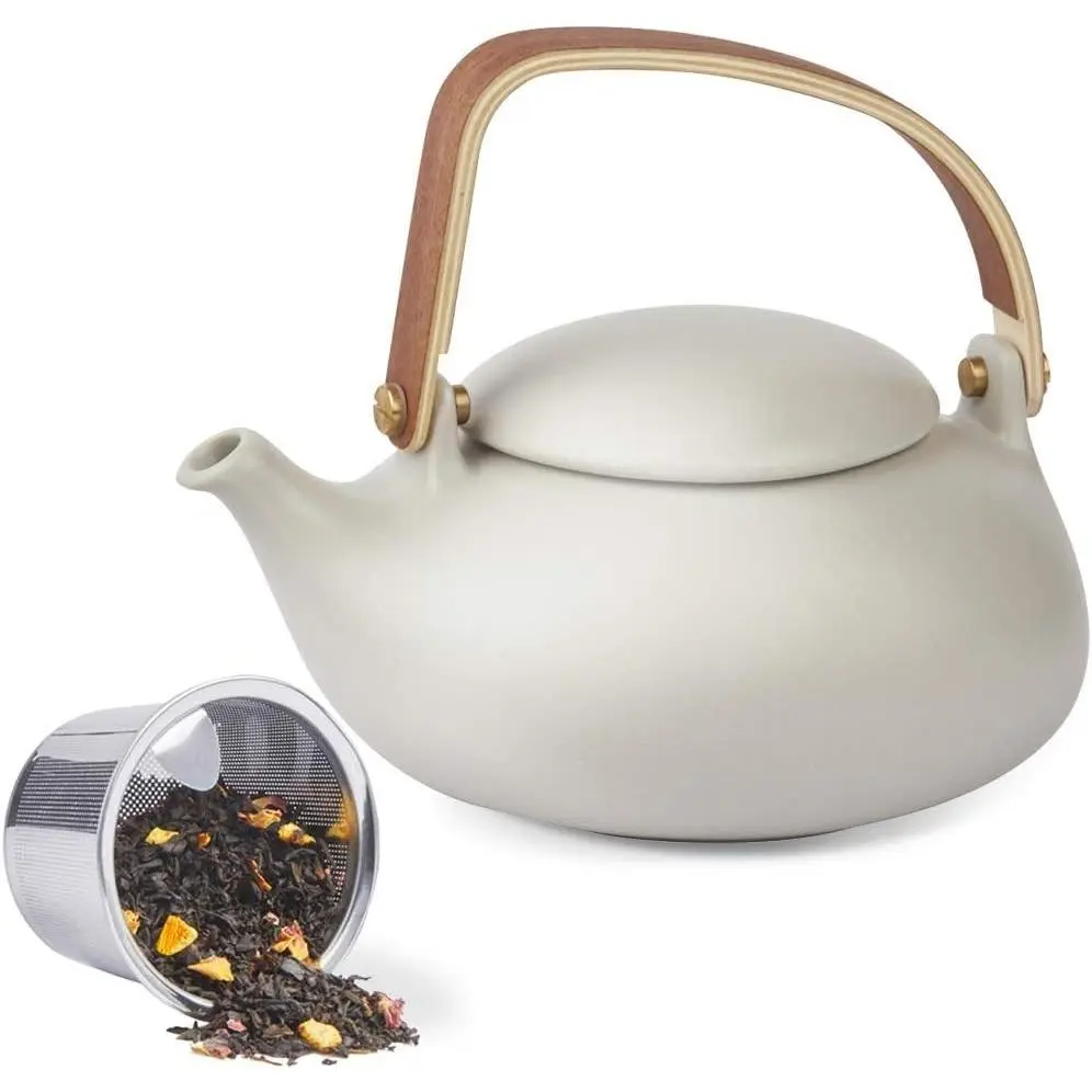 ZENS Ceramic Teapot with Infuser, 27oz Japanese Loose Leaf Tea Teapot | Matte Gray Clay Modern Teapot with Infusers for Loose Tea Lover Gift, Bentwood Handle Teapot