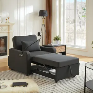 Convertible Sleeper Sofa Chair Bed, Adjustable Recliner Lounge with USB & Type-C Ports,Side Pockets,Soft Linen Single Futon Couch for Living Room Bedroom Apartment Small Space（Black）