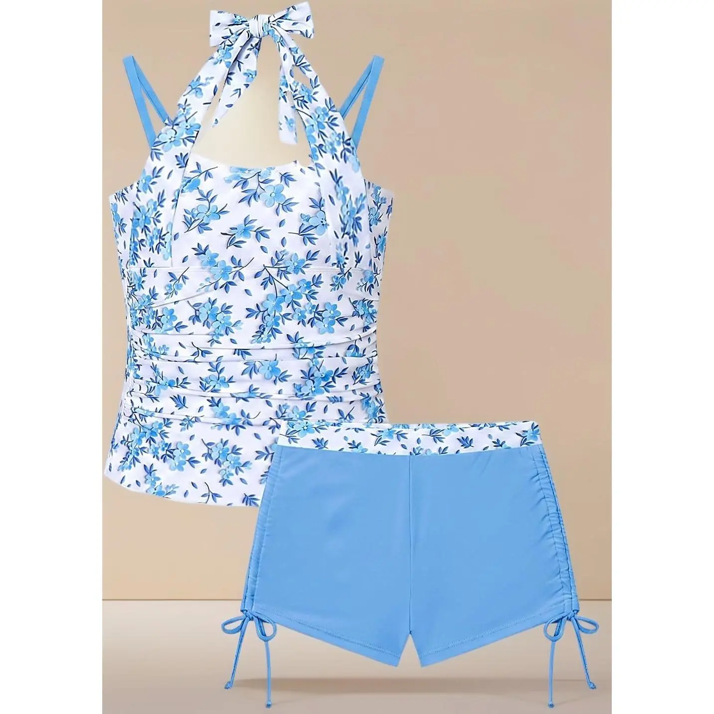 Size 11-18 Years Teen Girls Swimsuit 2 Piece Printed Tankini Swimsuit Drawstring Swim Shorts
