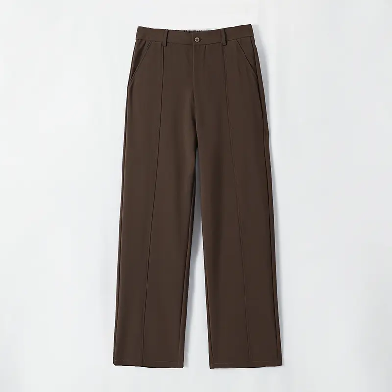 Autumn Winter Men’s Coffee‑Brown Solid Straight‑Leg Pants, Stylish Front Vertical Seam Mid‑Waist Button‑Closure Casual Trousers, Fashion Stylish Piece To Create Minimalist Daily Street Outfit#sohochic