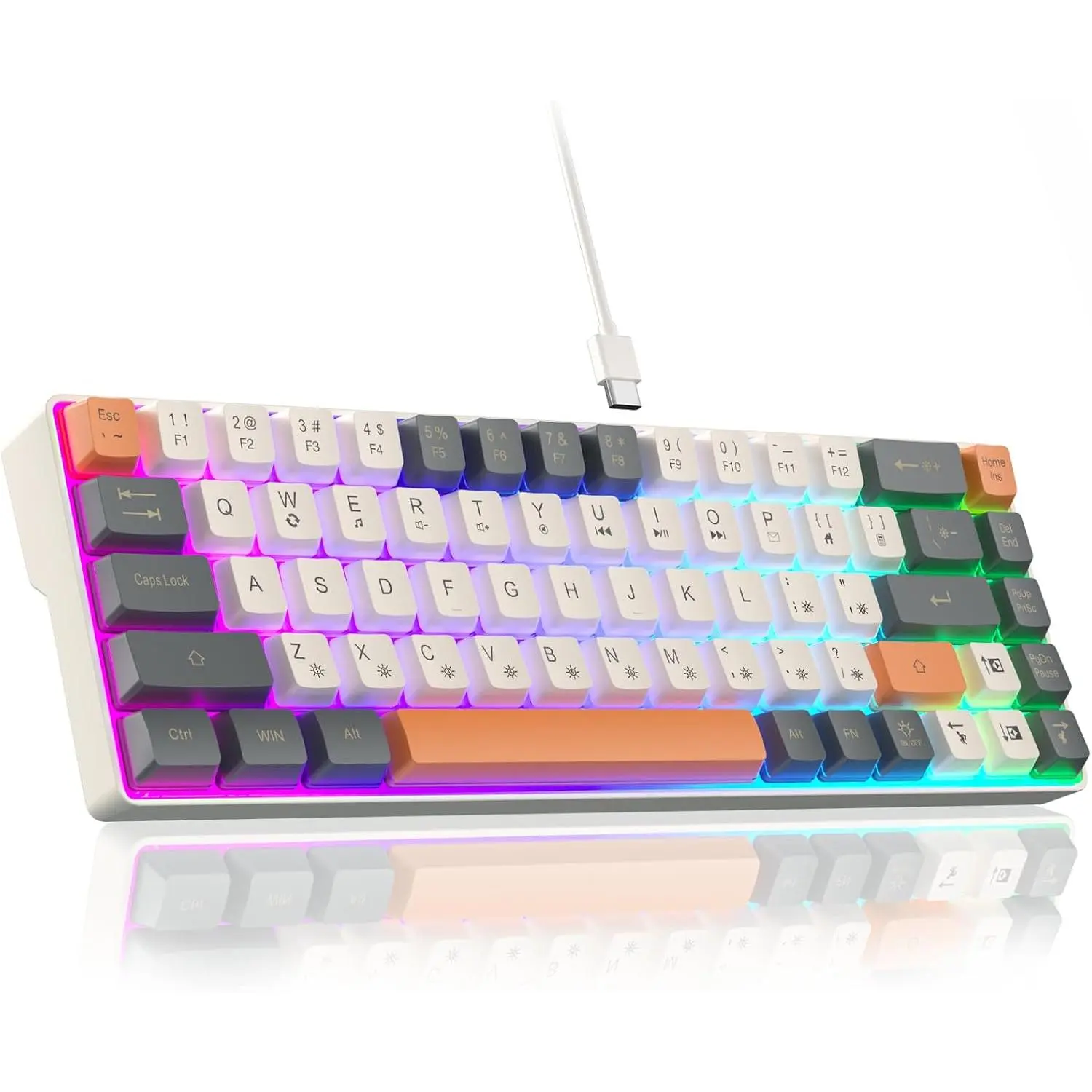 60 Percent Keyboard,RGB Backlit Gaming Keyboard USB-C Wired,Portable 68  Compact Mini Keyboards for Business Trips,Office,PC  (SK968,Grey&Orange)