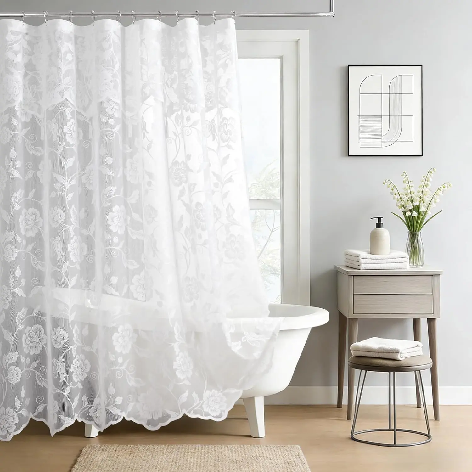 72x72 in White Mesh Lace Shower Curtain with Hook, Luxury Floral Sheer Romantic Look Bath Curtain for Bathroom Home Decor