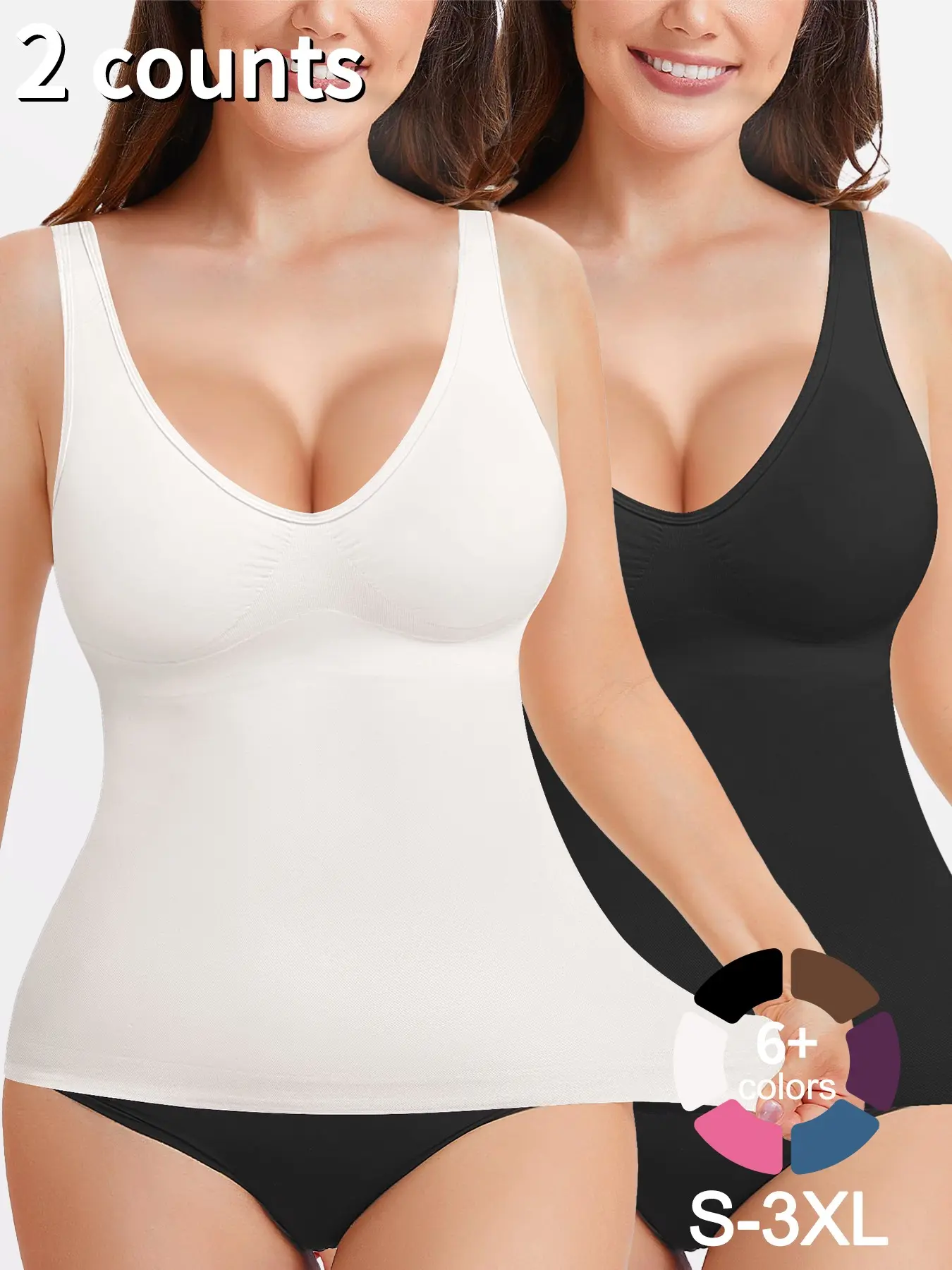Women's 1/2 Pcs Shapewear Tank Top Deep V Neck Tummy Control Seamless Slim Fit Compression Top, Casual All-Seasons Undergarment, Moderate Fabric Thicknesss Wear