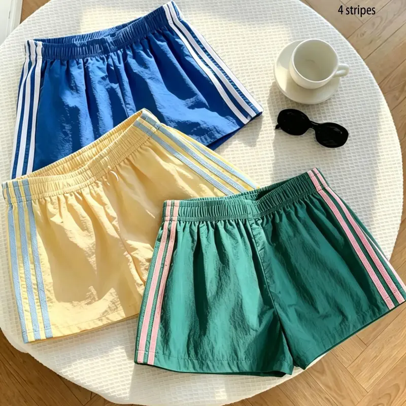 3-Pack Women's Quick-Dry Breathable Lightweight Workout Shorts, Casual Loose-Fit Elastic Waist Summer Shorts, Y2K Fashion Striped Lounge Wear, Casual Athleisure Shorts, Stripes Print Shorts
