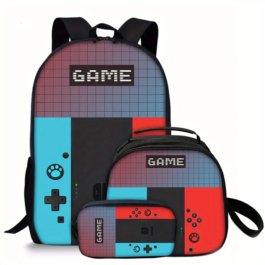 Gamers' 3-Pieces Retro Game Controller Backpack Set - Oxford Cloth School & Play Daypack with Adjustable Strap, Pixel "GAME" Print Thermal Lunchbag & Pencil Case for Kids