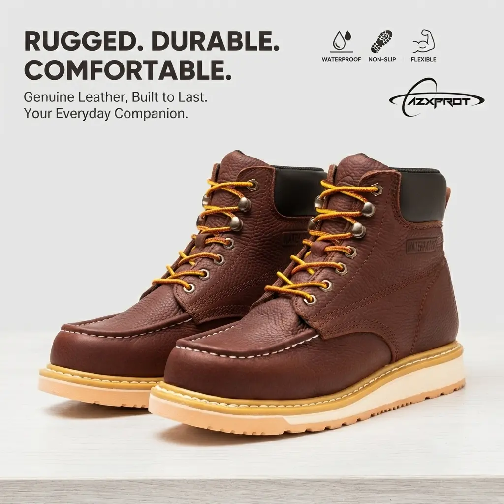 AZXPROT Men's Premium Leather Work Boots, Waterproof Lace-Up Boots with Soft Cushioned Insole, Lightweight Wedge Sole, Non-Slip Rubber Outsole for Construction, Hiking, Outdoor Work, Casual Wear and Long Hour Comfort