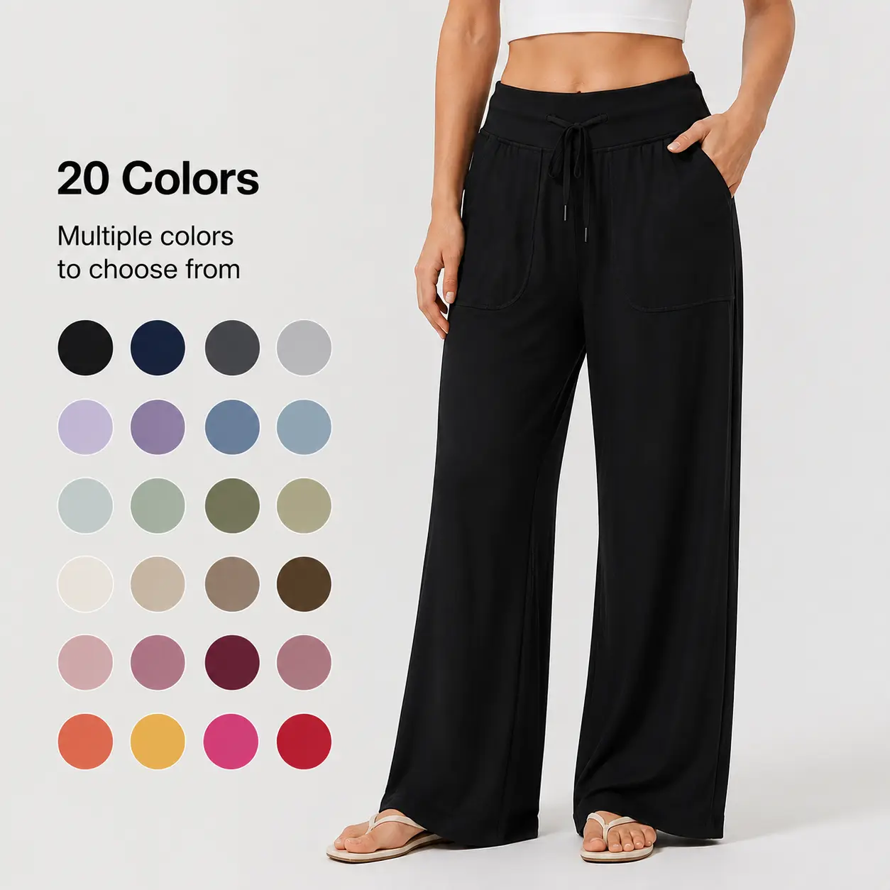 Rise Active Women’s Wide Leg Lounge Pants with Pockets, Drawstring High Waist Casual Palazzo Pants, Soft Relaxed Fit Travel & Everyday Trousers