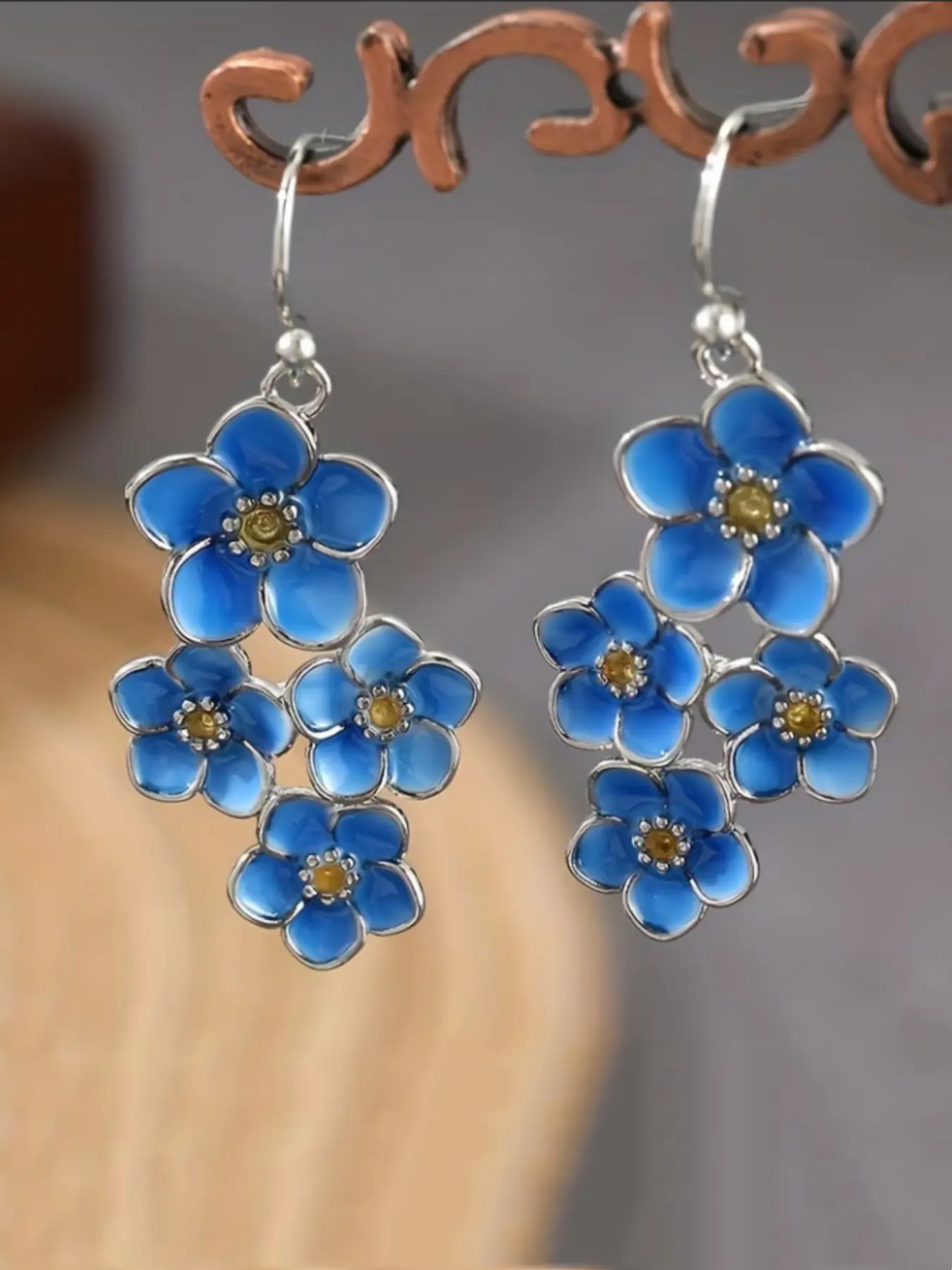 Handmade Bohemian Vintage Blue Enamel Dangle Earrings, Copper Flower Earrings with Birth Flower, Wedding Jewelry Gift for All Seasons, Trendy Jewelry, Cute Earrings