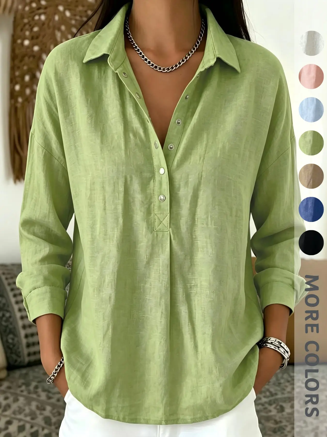 New Early Autumn Women's Simple Solid Color Shirt, Loose Fit Notch Lapel Button Front Long Sleeve Elegant Commuter Top, High-End Fashion