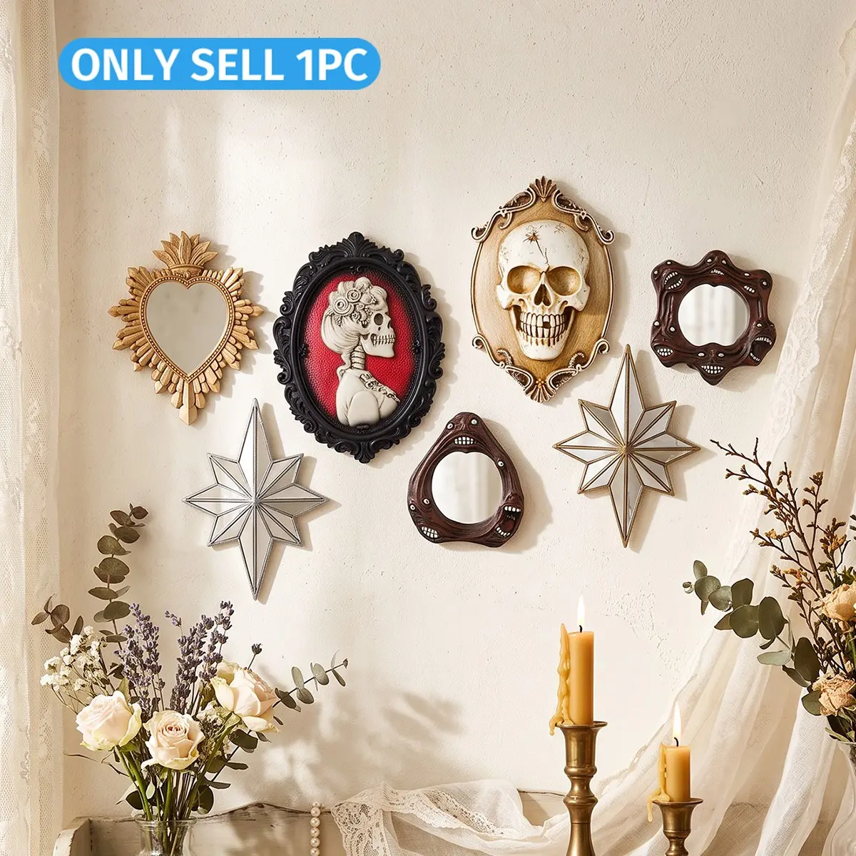 Baroque Resin Wall Hanging, Victorian Wall Decor, Heart Star Relief Mirror, 3D Skull Sculpture, Party Background, Fireplace, Entryway, Bedroom, Wall Mounted Decoration