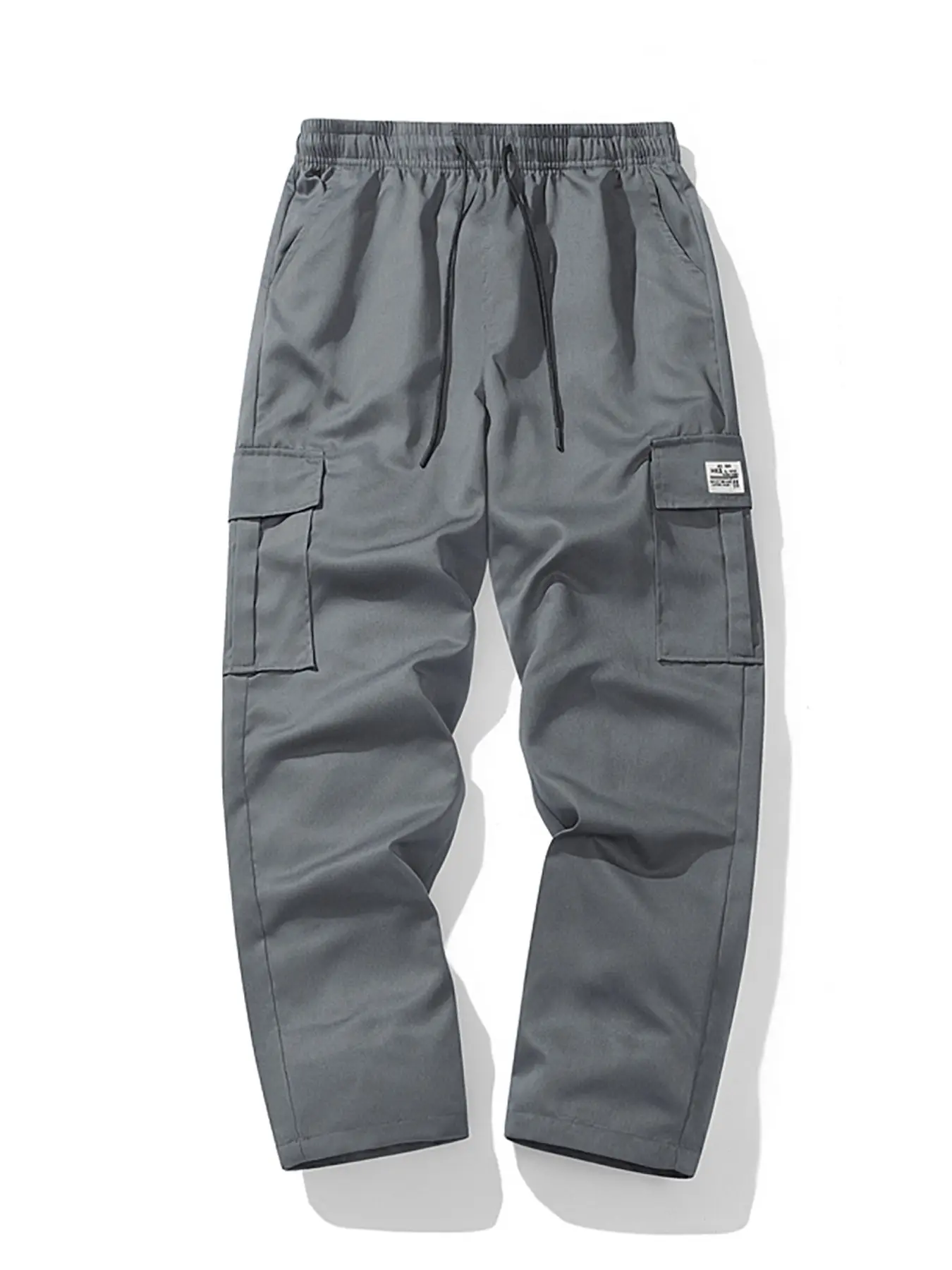 Men's Side Label Multi-Pocket Drawstring Straight Leg Work Pants, Elastic Waist Casual Outdoor Long Pants, Daily Wear Versatile Trousers