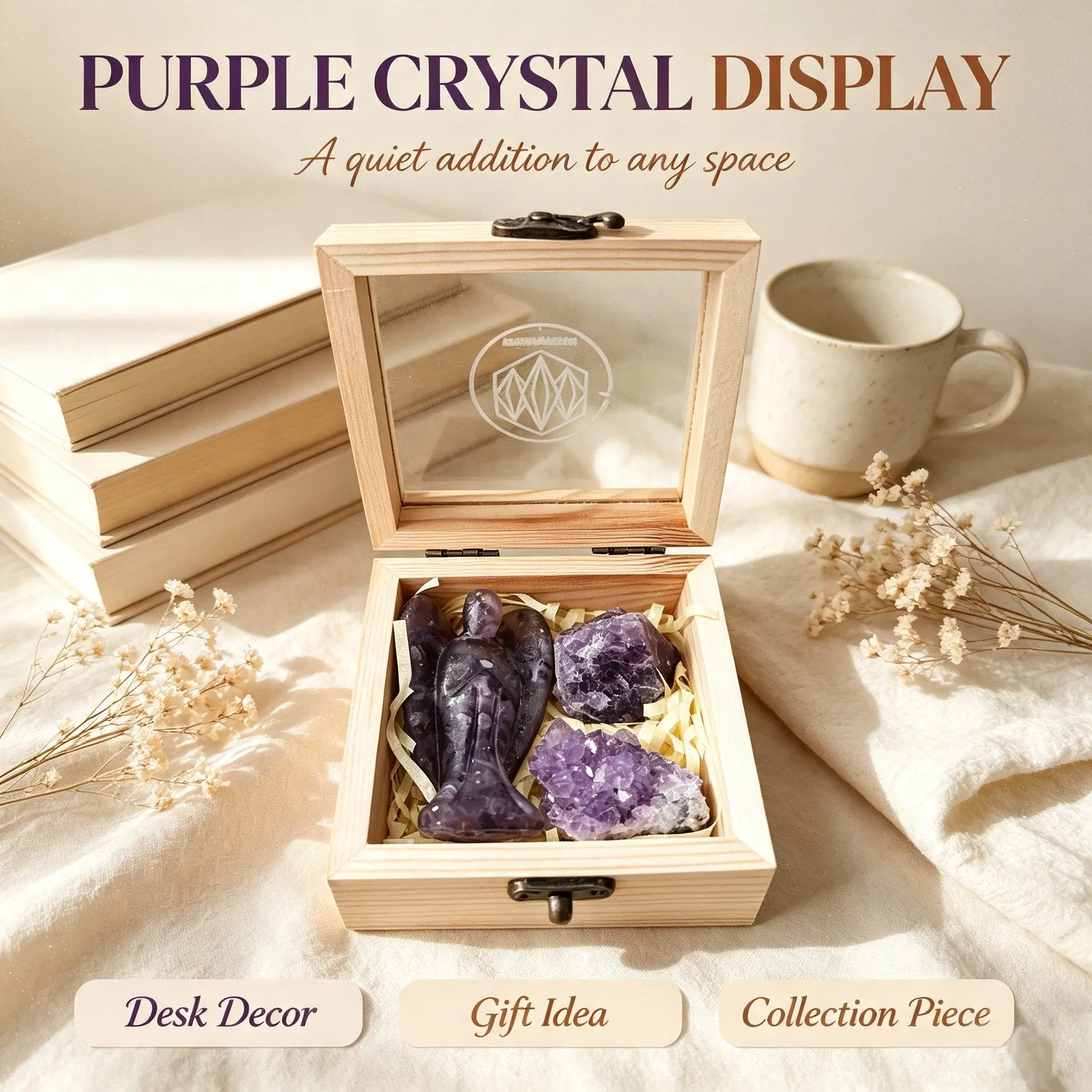 Raw Amethyst Cluster Natural Crystal Angel Gift Set, Premium Wooden Storage Box, Zodiac Birthstone, Healing Stone, Spiritual Keepsake for Women, Healing Crystals