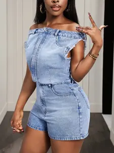Women's One-Shoulder Sleeveless Denim Romper, Summer Fashion Casual Daily Wear, Slimming Waist Design, Edgy Style, Perfect for Spring & Summer