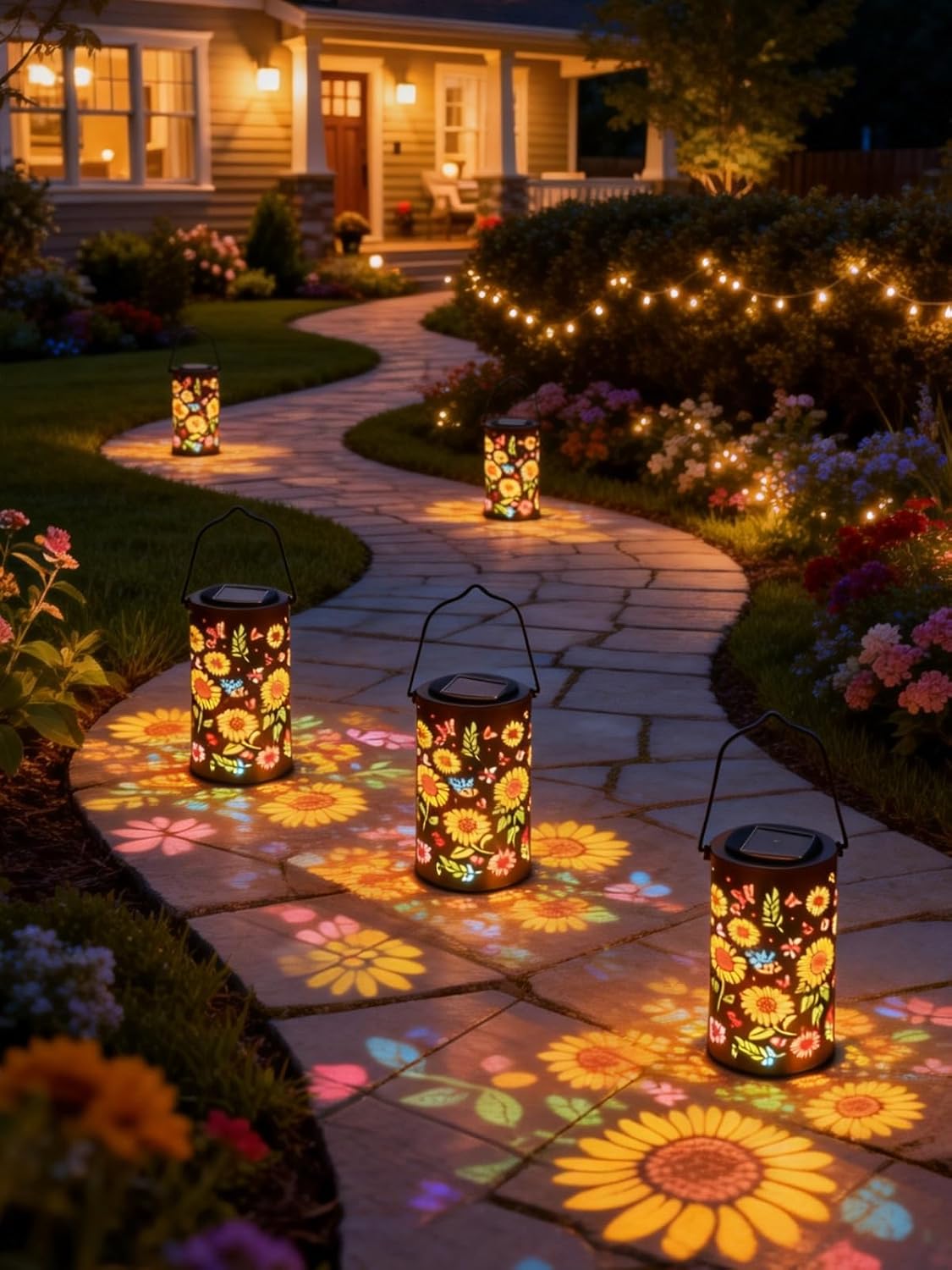 Colorful Solar Lanterns Outdoor Waterproof, Garden Decor Gifts for Women Mom Grandma - LED Colorful Sunflower Solar Powered Lights Metal Hanging Lantern for Outside Garden Patio Yard Lawn Porch Decor