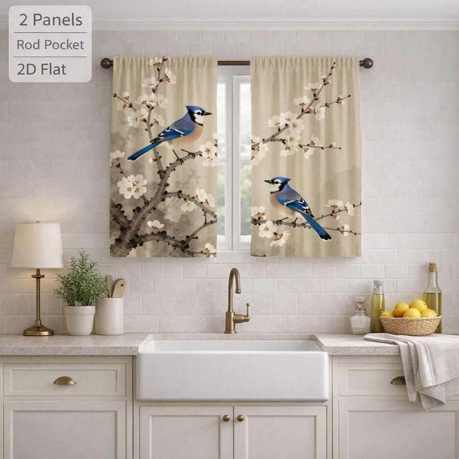 2Pcs Japanese Style Blue Jay Bird Plum Blossom Floral Curtains Digital Printed Rod Pocket, Window Treatment For Bedroom Office Kitchen Living Room Study Home Decor