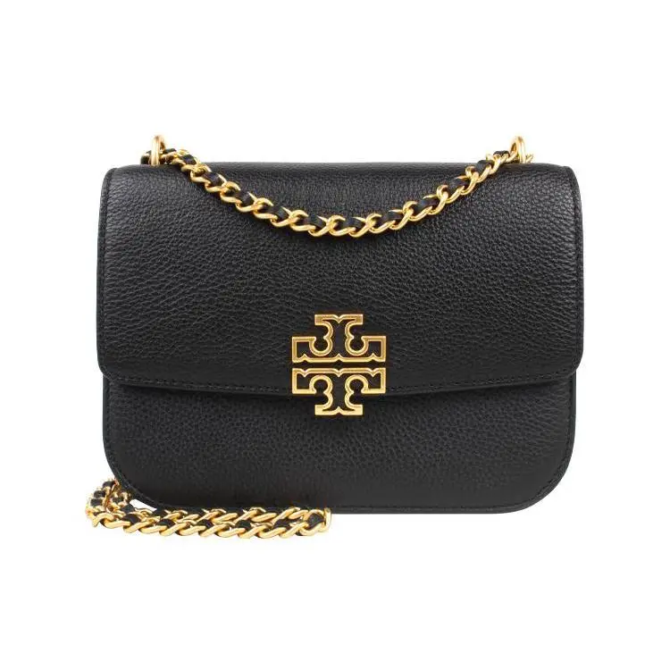 Tory Burch Britten Crossbody Bag for Women – Minimalist Cutout Double-T Logo Flap Closure with Adjustable Metal Chain, Black Genuine Leather