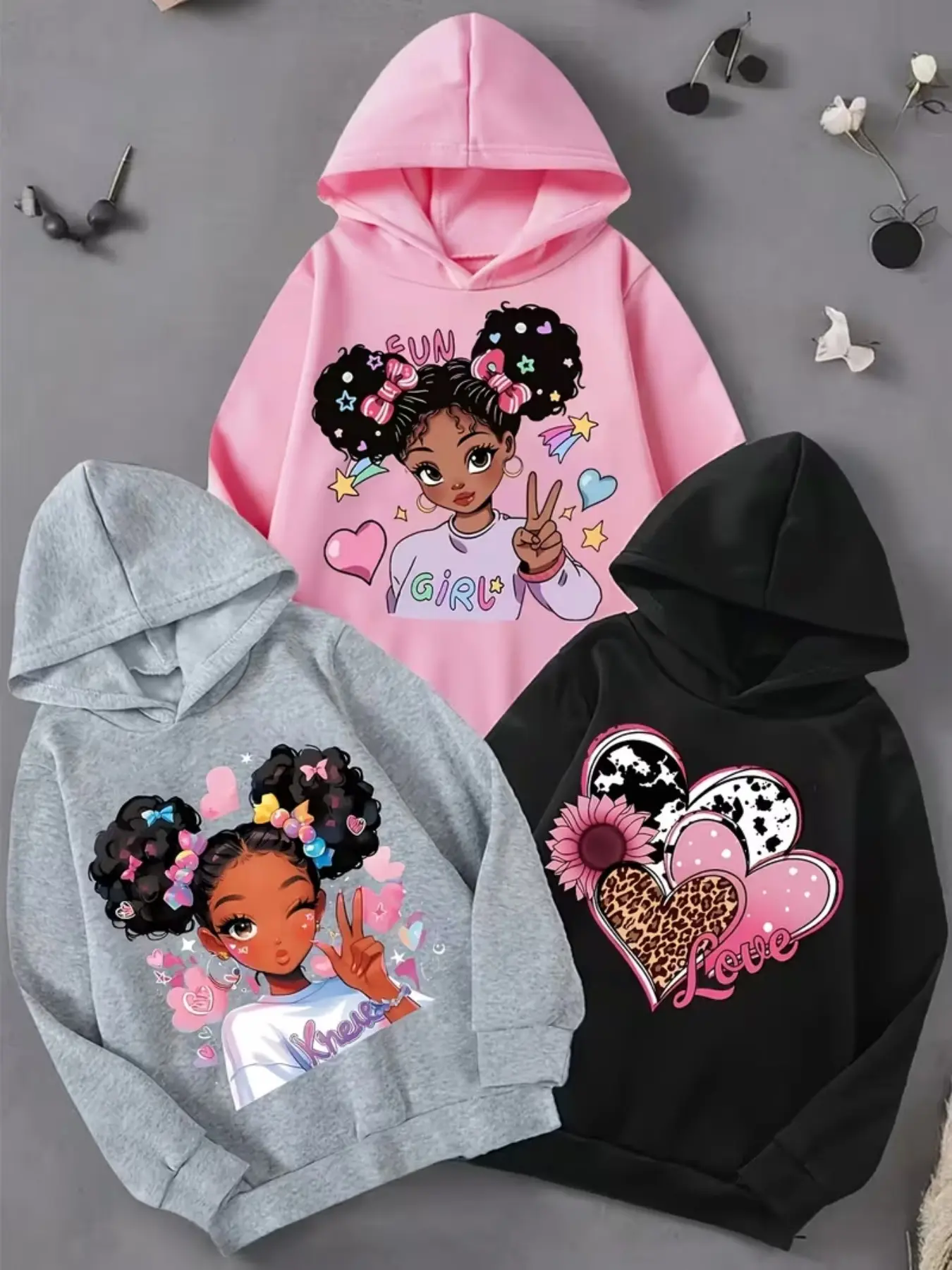 3-Pack Cute Cartoon Print Hooded Sweatshirts for Girls, Soft and Comfortable Long Sleeve Casual Wear, Spring & Fall Fashion