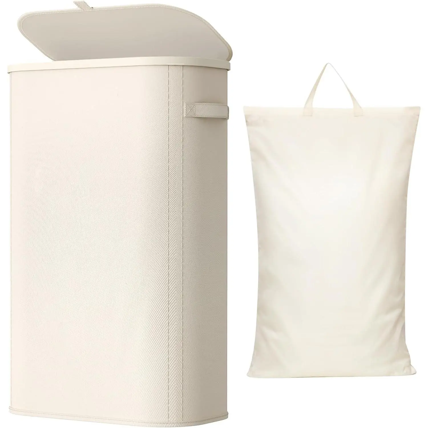 Slim Laundry Basket with Lid, Narrow Large Laundry Hamper with Plastic Handles and Removable Bag, Tall Foldable Dirty Clothes Hampers for Laundry Room, Bedroom, Bathroom, Dorm, 65L White