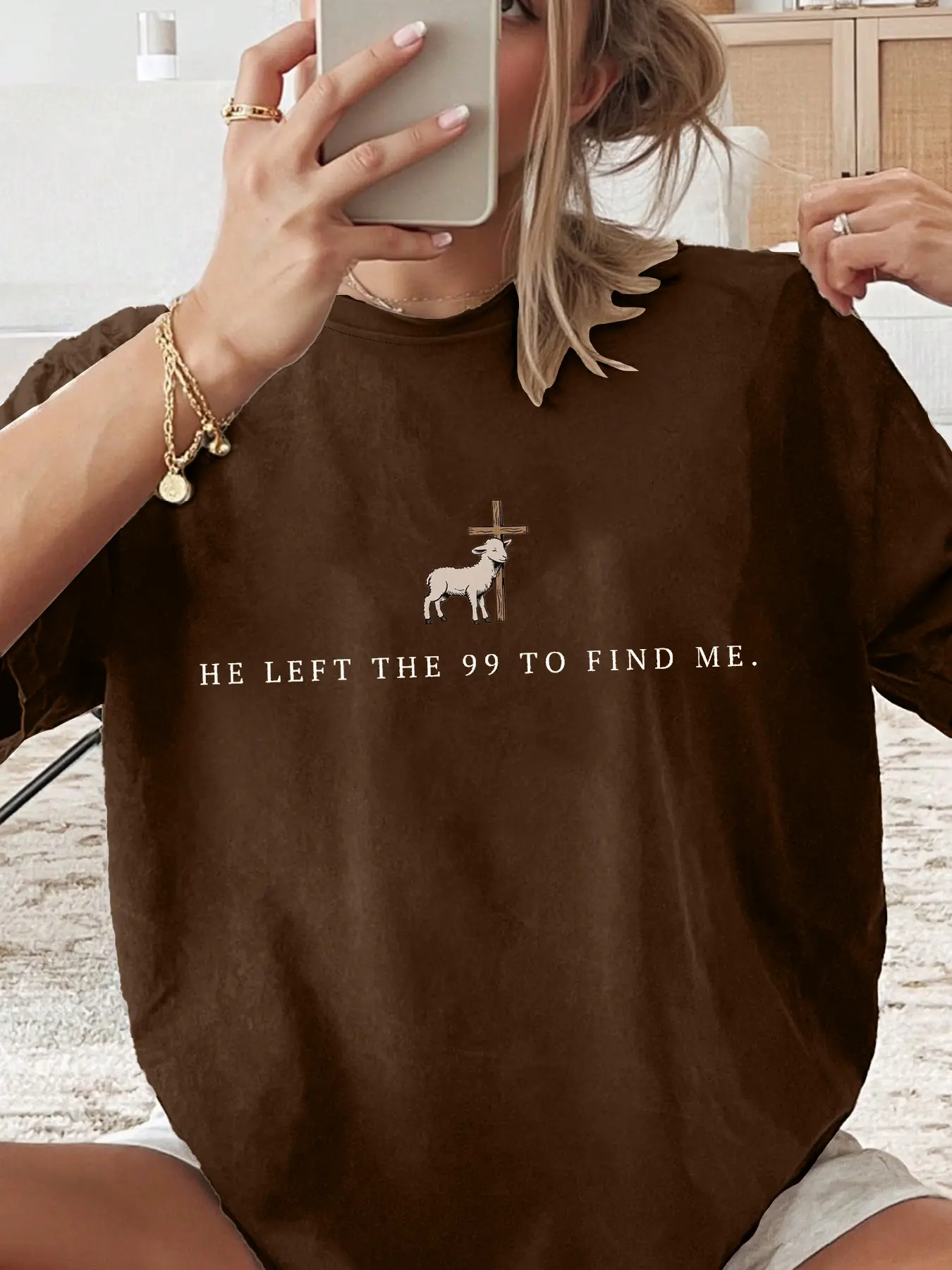 Women's Religious Graphic Casual Fitted Round Neck T-Shirt, Brown Tee Top with “HE LEFT THE 99 TO FIND ME” Lamb and Cross Print for Church Wear, Faith Based Fashion and Inspirational Gift