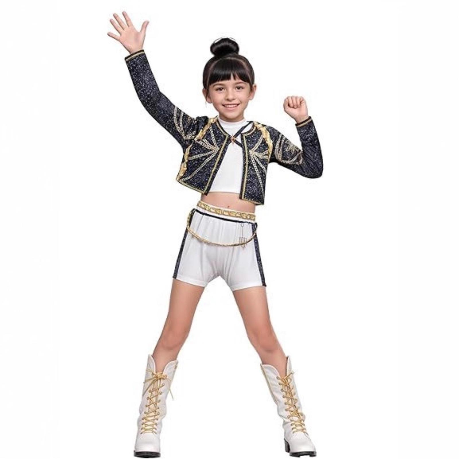 Girls’ 3-Piece Halloween Performance Costume Set, Printed Split Mesh Top and Matching Bottoms, Girls Dance Stage Party Role-Play Outfit Girls’ 3-Piece Halloween Performance Costume Set, Printed Split Mesh Top and Matching Bottoms, Girls Dance Stage Party Role-Play Outfit
